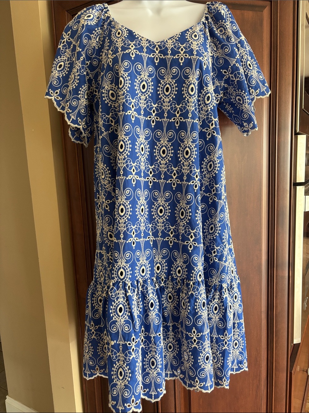 Blue Embroidered Midi Dress with Flutter Sleeves